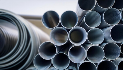 stack of pipes, stacked industrial metal pipes, arranged in an orderly manner. The pipes are captured from the open ends, arrangement and materials suggest themes of construction, manufacturing