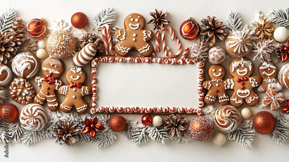 Aufkleber Isolated on white background with side space for letters 3d-render clay style gingerbread figures and candy sticks arranged next to a blank sign for Christmas greetings Stock Photo with copy space