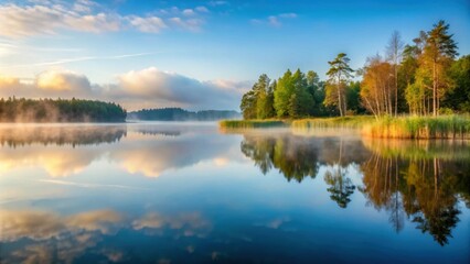 Obraz premium Foggy morning view of Niedraja lake in Smiltene, Latvia, foggy, morning, view, Niedraja lake, Smiltene, Latvia, misty, tranquil