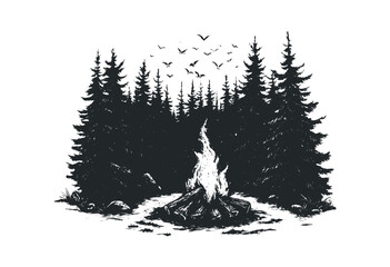 Fototapeta premium Campfire surrounded by tall trees at dusk. Vector retro hand drawn illustration.