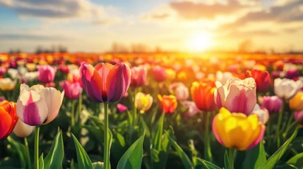 Wandcirkels Geel A sprawling landscape of brightly colored tulip fields in the daylight, evoking a sense of natural beauty and the arrival of spring.  © 69