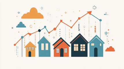 A growth chart with houses along an upward arrow graph, showing housing market increase.
