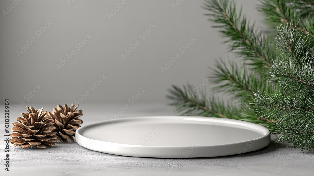 Poster Isolated on white background with side space for letters 3d-render clay style miniature Christmas wreath and pine cones beside an empty sign for New Year wishes Stock Photo with copy space