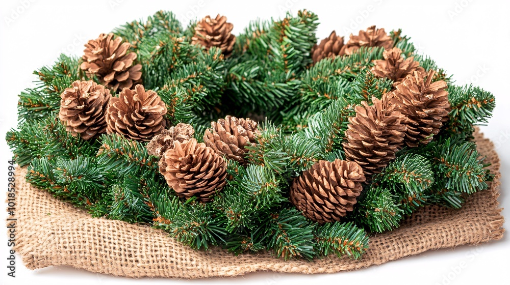 Poster Isolated on white background with side space for letters 3d-render clay style miniature Christmas wreath and pine cones beside an empty sign for New Year wishes Stock Photo with copy space