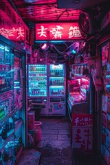 Obraz premium Futuristic Cyberpunk Asian Market Stalls