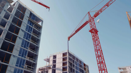 Construction cranes tower over building site, showcasing progress of modern architecture. clear blue sky enhances vibrant scene of urban development