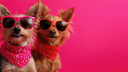 Fototapeta premium Two stylish dogs wearing sunglasses and bandanas on a pink background.