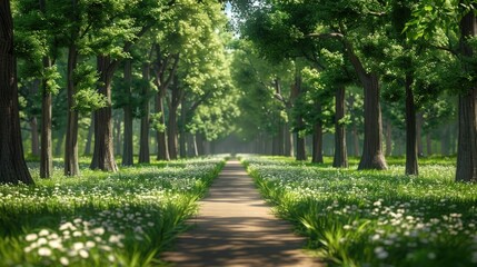 Obraz premium Pathway Through a Sun-Dappled Forest