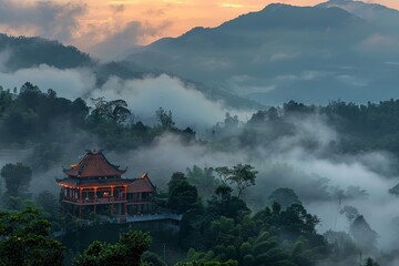 Fototapeta premium Dawn's Embrace on Mist-Veiled Temple