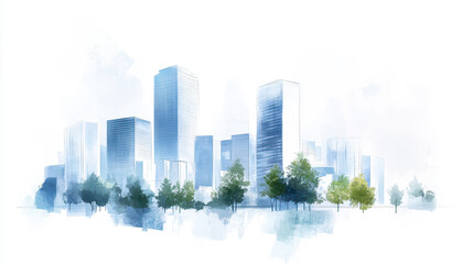 Obraz premium Watercolor cityscape with skyscrapers and trees in a serene urban landscape