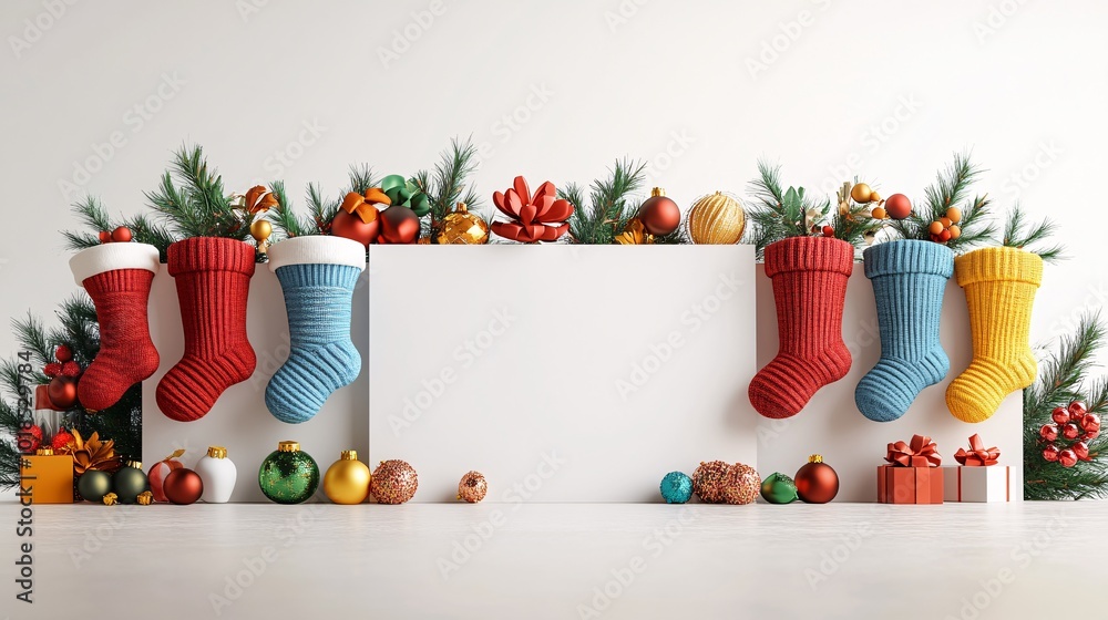 Poster isolated on white background with side space for letters 3d-render clay style colorful stockings and