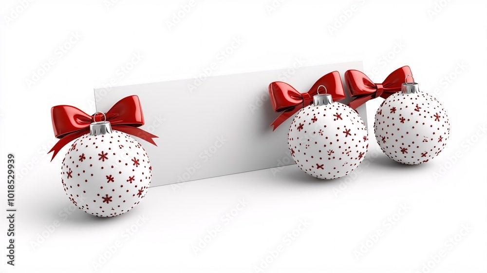Poster Isolated on white background with side space for letters 3d-render clay style red bows and Christmas bells next to an empty board for seasonal offers Stock Photo with copy space