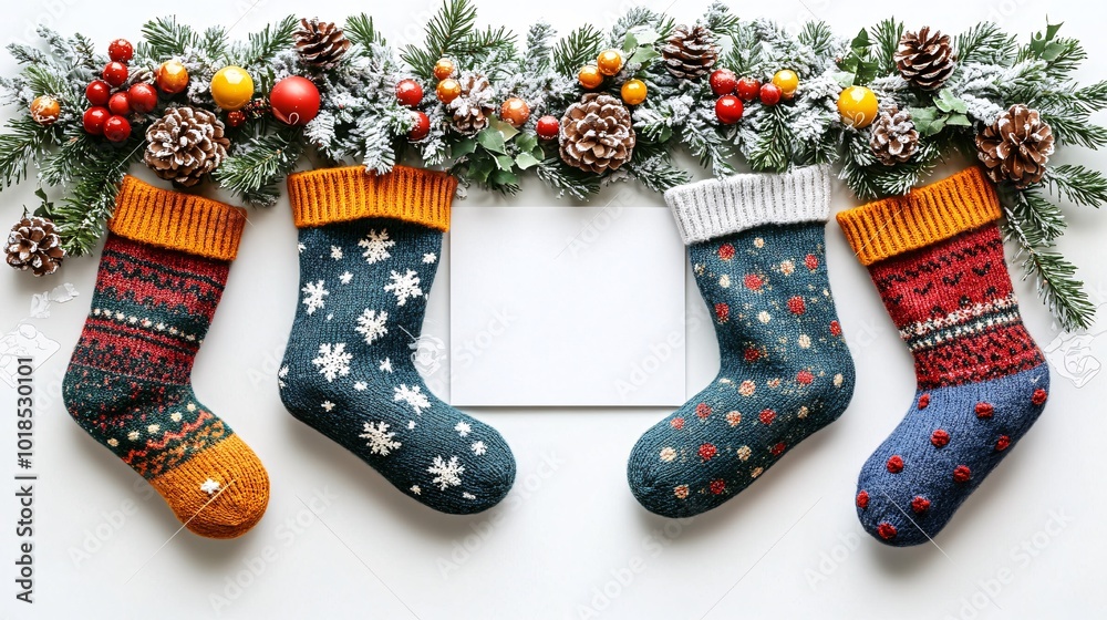 Poster isolated on white background with side space for letters 3d-render clay style colorful stockings and