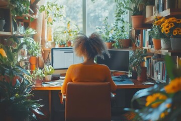 joyful latin freelancer working from a vibrant home office natural light illuminates the workspace highlighting a comfortable and personalized environment