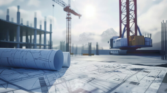Construction plans and blueprints are spread out on building site, with cranes and scaffolding in background. scene captures essence of architectural development and engineering
