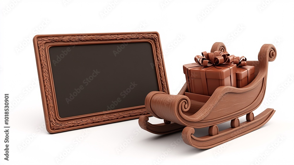 Poster isolated on white background with side space for letters 3d-render clay style santa sleigh and prese