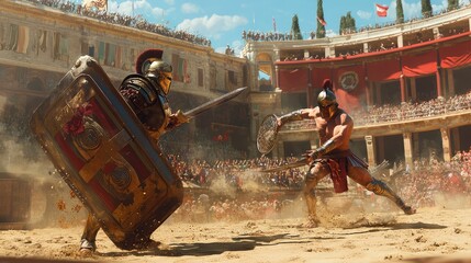 Fototapeta premium Epic showdown between gladiators in an ancient arena, showcasing bravery, skill, and the thrill of battle amidst roaring crowds.