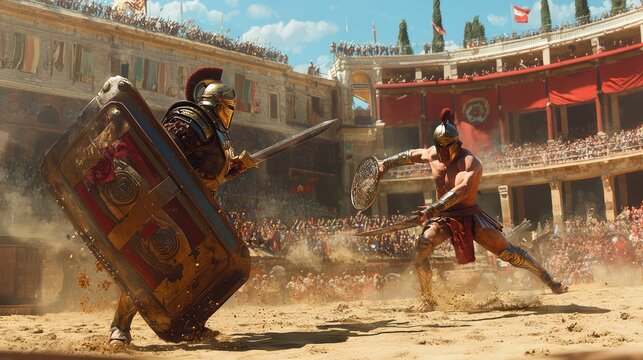 Epic showdown between gladiators in an ancient arena, showcasing bravery, skill, and the thrill of battle amidst roaring crowds.