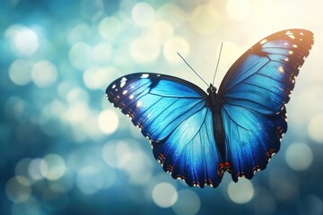 A stunning blue butterfly gracefully flutters against a soft, enchanting bokeh background, showcasing nature's delicate beauty.