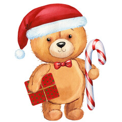 Christmas Teddy bear. Festive Teddy bear in Santa hat with gift and lollipop. Watercolor cute toy isolated background