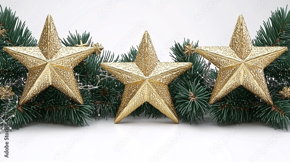 Poster Isolated on white background with side space for letters 3d-render clay style sparkling stars and decorative ribbons surrounding an empty sign for Christmas promotions Stock Photo with copy space
