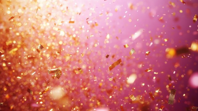 Confetti bursting in air, vibrant pink backdrop, gold streamers and ribbons, light bokeh effect, joyful, celebratory space for text.