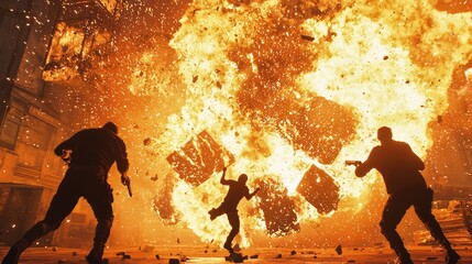 Intense action scene featuring silhouetted figures amidst a massive explosion, capturing the thrill of chaos and danger.