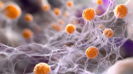 Obraz premium Microscopic cells with bright orange structures are interconnected by delicate filaments, creating fascinating view of cellular activity. This captures intricate beauty of microscopic life