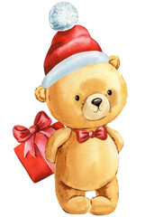 Christmas Teddy bear. Festive Teddy bear toy in red Santa Claus hat with gift box, hand-drawn watercolor isolated background. Cute animal