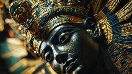 Intricate artistry of a stunning ancient sculpture featuring gold and turquoise details, showcasing historical craftsmanship.