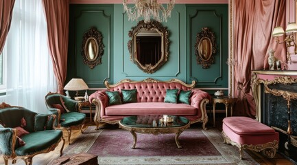 modern baroque style living room in pink and jade shades 