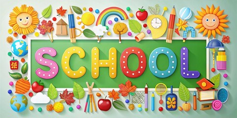 Fototapeta premium School word creatively displayed with colorful educational elements and seasonal icons, typography, display