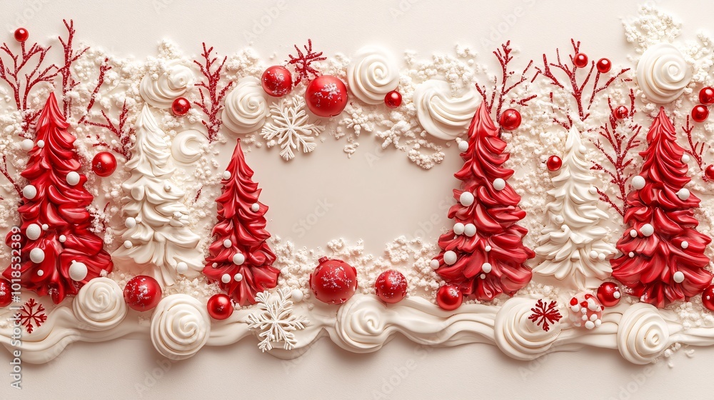 Poster Isolated on white background with side space for letters 3d-render clay style tiny Christmas trees and snowflakes around a blank board for festive greetings Stock Photo with copy space