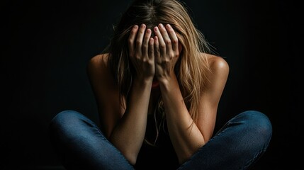 A person holding their head in their hands, sitting on the floor in a dark room, capturing the physical