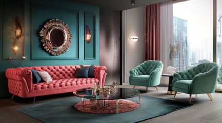 modern baroque style living room in pink and jade shades