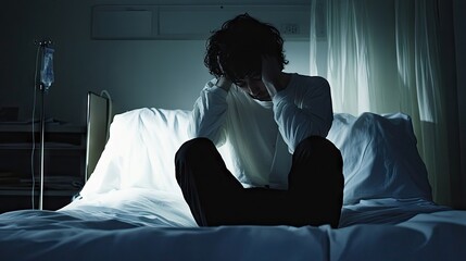 Fototapeta premium A person sitting on the edge of a hospital bed, their face showing deep emotional pain, symbolizing the weight of suffering.
