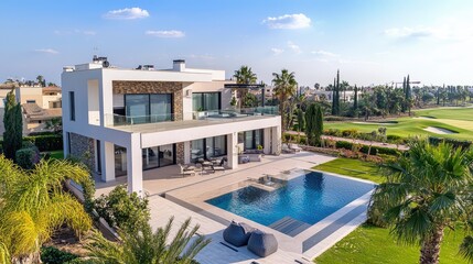 Obraz premium Luxurious modern villa with a stunning pool, surrounded by palm trees and lush greenery, ideal for relaxation and leisure.