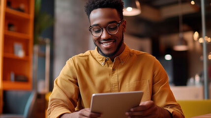 Obraz premium Smiling man using tablet in cozy workspace
