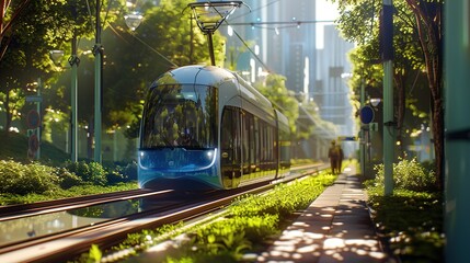 Naklejka premium Innovative hydrogen-powered tram with modern design in a green city