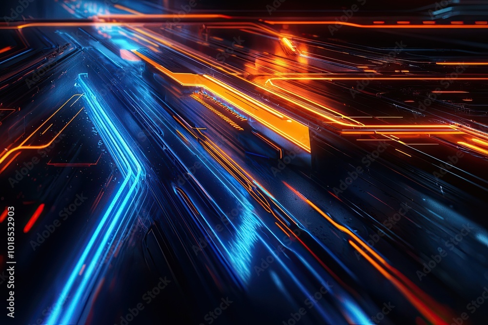Wall mural dynamic abstract lines of blue and orange light creating a sense of motion and energy in a futuristi