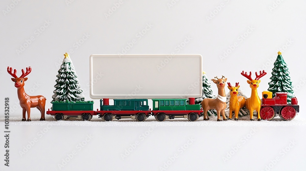 Poster Isolated on white background with side space for letters 3d-render clay style toy train and miniature reindeer arranged around an empty sign for Christmas greetings Stock Photo with copy space