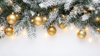 Snowy pine tree branches with golden baubles and twinkling lights, isolated