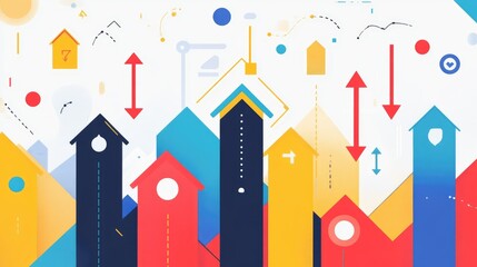 Fototapeta premium An upward-trending graph with house icons and arrows pointing up, depicting market growth.