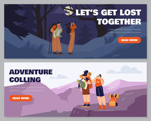 Vector illustration of a set of two banners featuring characters lost in the forest and mountains.