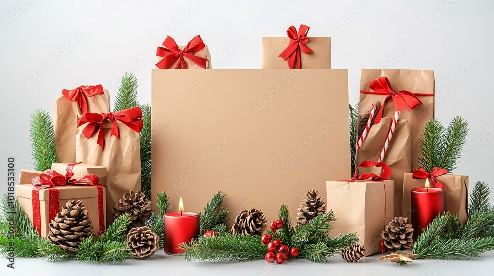 Poster isolated on white background with side space for letters 3d-render clay style gift bags and holiday 