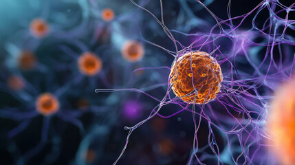 zoomed in image of cellular structure showcasing vibrant orange cells interconnected by delicate, translucent fibers. intricate details highlight complexity of biological systems