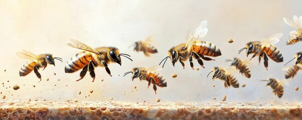Fototapeta premium Queen bee leading her colony, with a trail of bees following her through the hive
