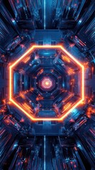 Futuristic hexagonal corridor featuring glowing neon lights and intricate technology, perfect for sci-fi themes and digital art.