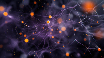 captivating zoomed in view of biological network, showcasing intricate connections and vibrant particles. interplay of colors and structures evokes sense of wonder and complexity in microscopic