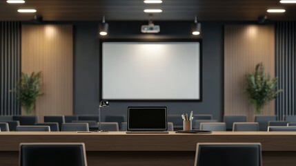Modern conference room with projector, screen, and sleek furniture, ideal for meetings and presentations.